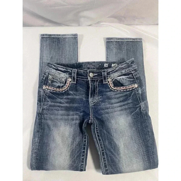 MISS ME Jeans Womens 28 30x33.5 Mid Rise Blue Distressed Denim Straight - Picture 7 of 9